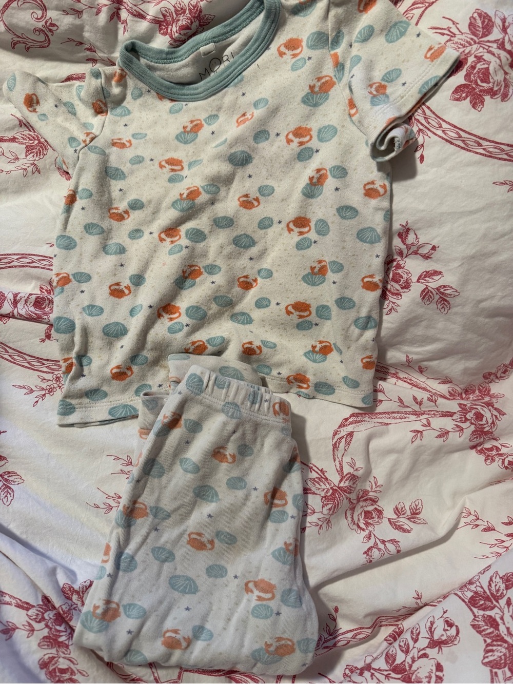 Mori Pajamas Short Sleeve Set with Seashell & Crab Print - White/Blue/Orange